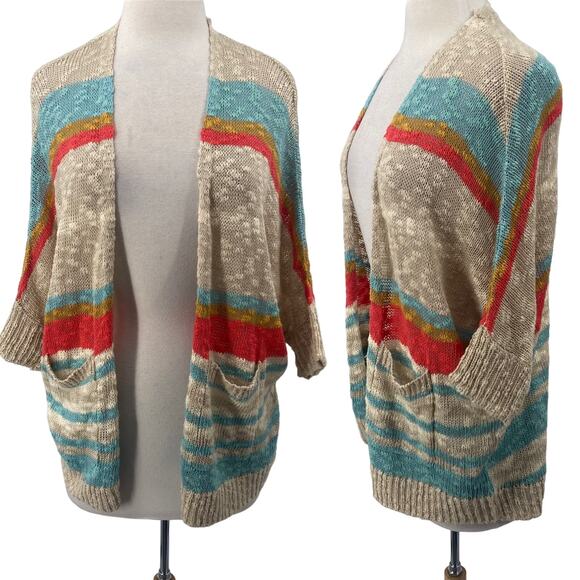 Urban Outfitters BDG Cardigan Striped Dolman Short Sleeves Cotton Beige Womens S - Picture 1 of 8